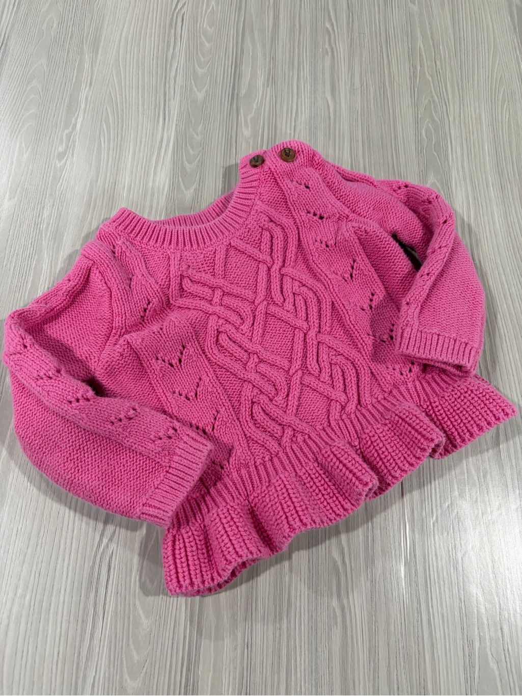 7/$20 Baby Gap 6-12 Months Pink Cable Knit Ruffle Hem Sweater 100% Cotton